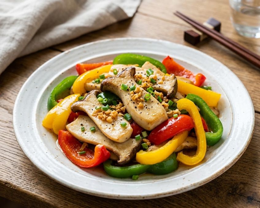 Đĩa ớt chuông xào nấm đùi gà rực rỡ sắc màu giòn ngọt hấp dẫn