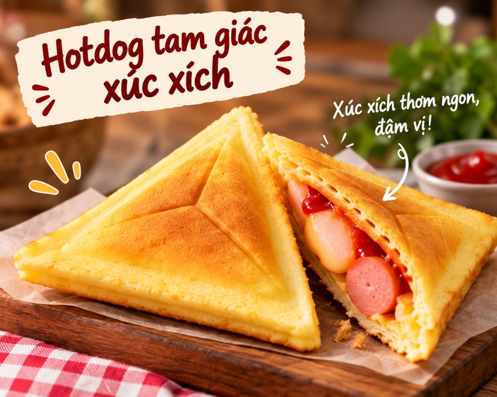 Hotdog tam giác xúc xích: Vỏ bánh mềm thơm, nhân xúc xích đậm vị.