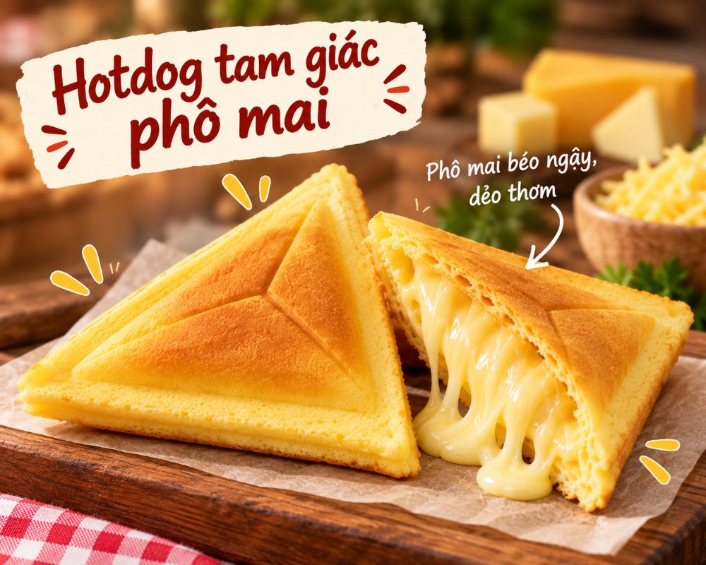 Hotdog tam giác phô mai: Nhân phô mai béo ngậy trong lớp bánh vàng mềm.