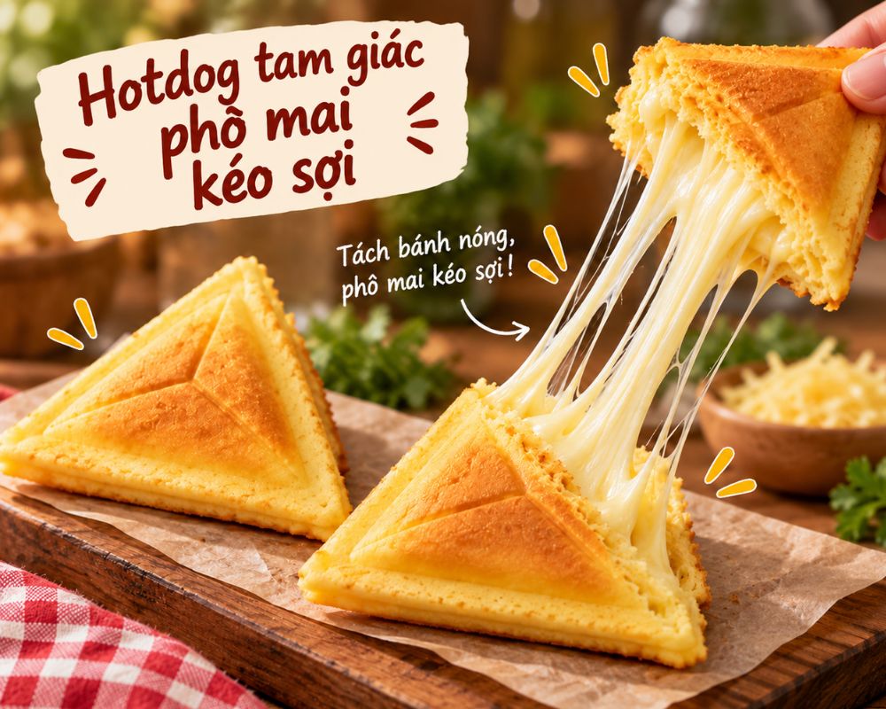 Hotdog tam giác phô mai kéo sợi: Tách bánh nóng, phô mai kéo sợi.