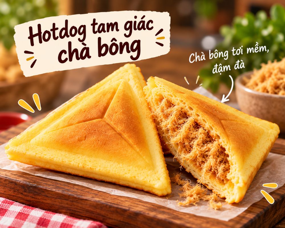 Hotdog tam giác chà bông: Chà bông tơi nhẹ, hài hòa cùng vỏ bánh mềm.