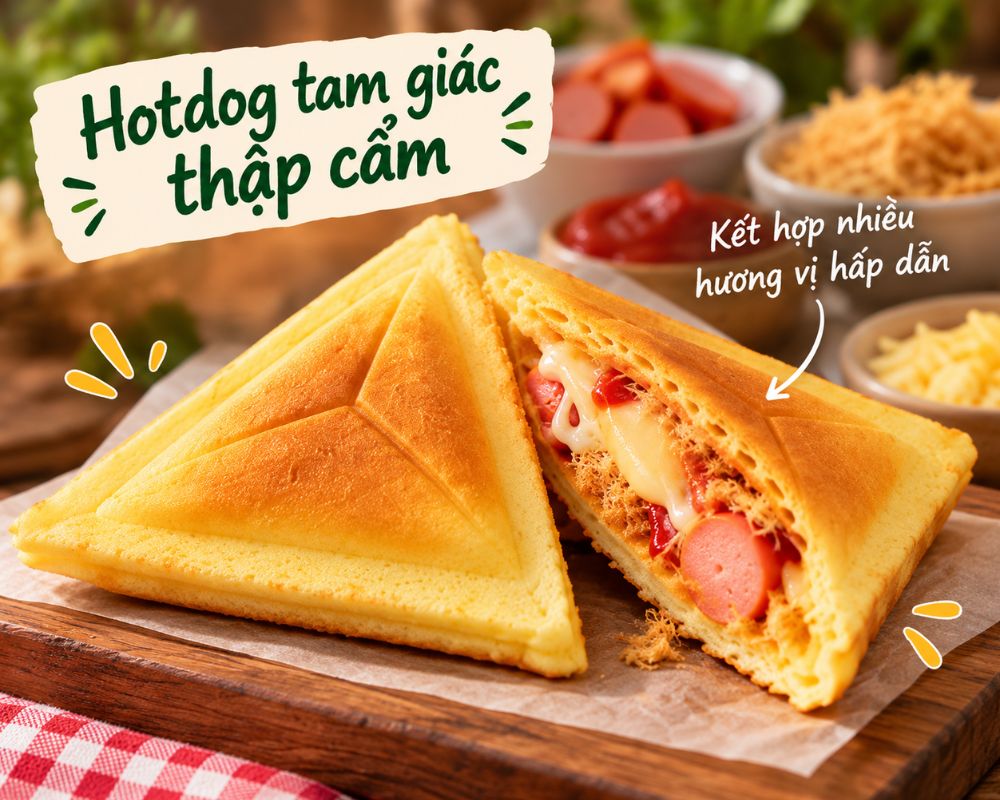 Hotdog tam giác thập cẩm: Kết hợp xúc xích, phô mai và chà bông trong cùng chiếc bánh.