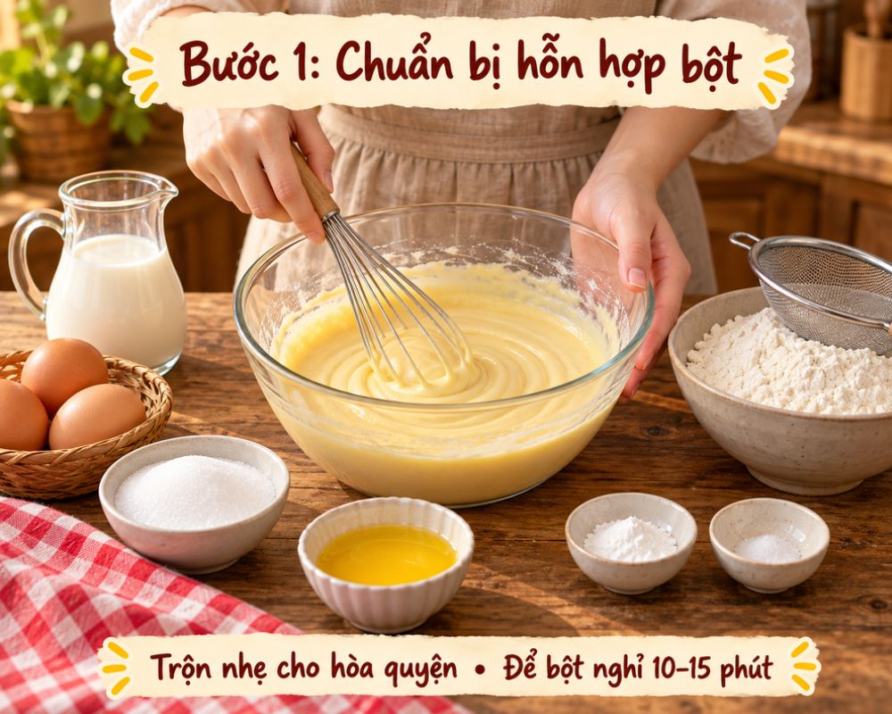 Chuẩn bị hỗn hợp bột và để nghỉ 10–15 phút
