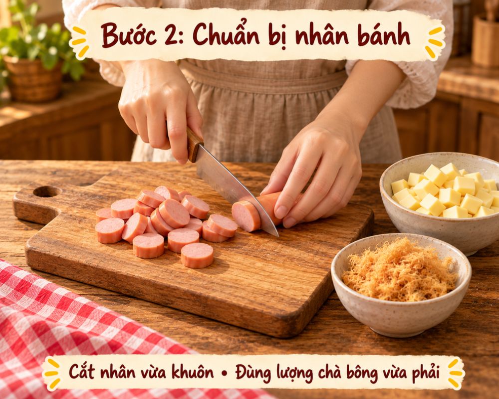 Cắt nhỏ xúc xích, phô mai và chuẩn bị chà bông