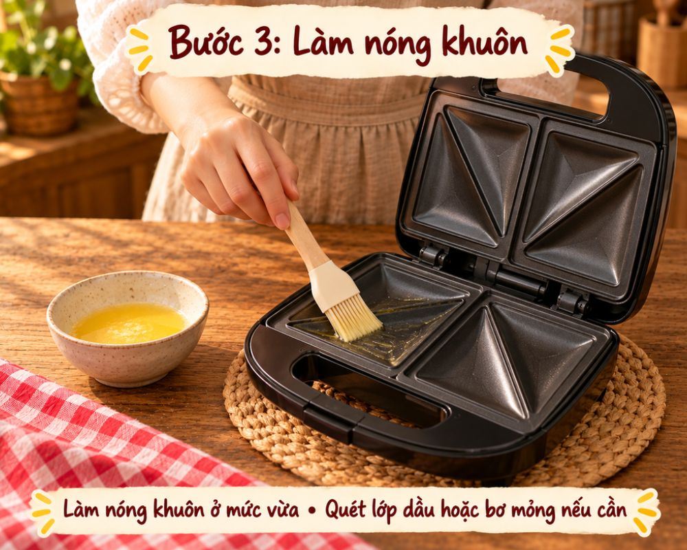 Làm nóng khuôn, quét một lớp dầu hoặc bơ mỏng nếu cần