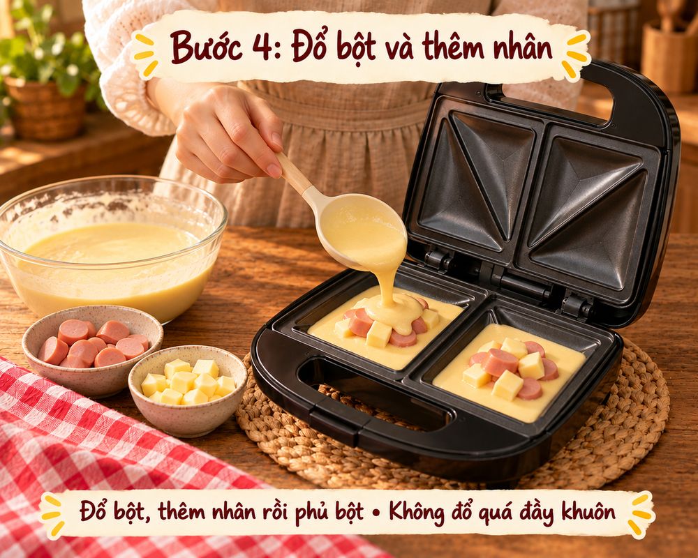 Đổ bột, thêm nhân và phủ bột vừa đủ