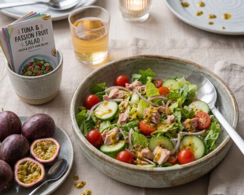 Món salad cá ngừ chanh dây thanh mát, bổ dưỡng trình bày trên bàn ăn