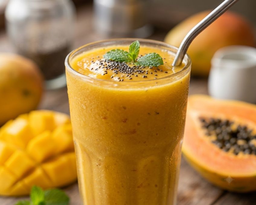 Ly sinh tố đu đủ xoài vàng ươm sánh mịn trang trí hạt chia và lá bạc hà tươi mát