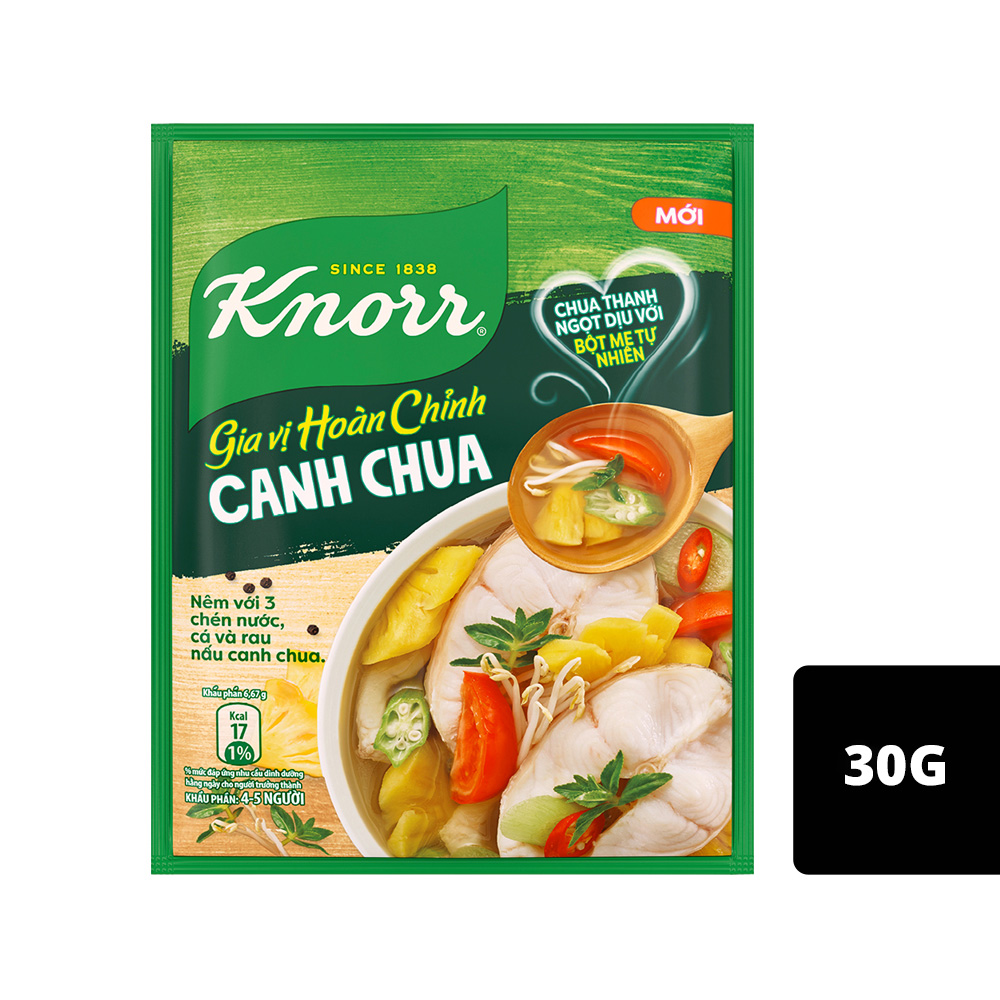 Gia vị canh chua Knorr gói 30g - Gia vị canh chua: Canh chua là món ăn truyền thống của Việt Nam, và sẽ trở nên ngon miệng hơn với gia vị canh chua Knorr gói 30g. Với những thành phần tự nhiên và cách sử dụng đơn giản, gia vị canh chua này sẽ giúp bạn tạo ra món canh chua thơm ngon và đậm đà - một món ăn không thể thiếu trong bữa cơm gia đình của bạn.