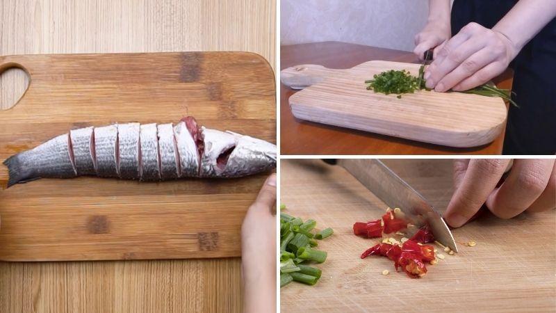 Rửa sạch cá, cắt đầu và đuôi cá, cắt cá thành từng miếng vừa ăn
