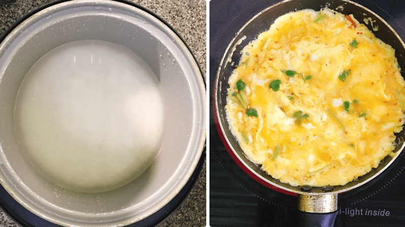 Chiên trứng cho đến khi chúng chín và sau đó cắt thành các lớp mỏng