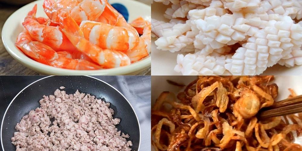 Xào thịt xay, tôm và mực