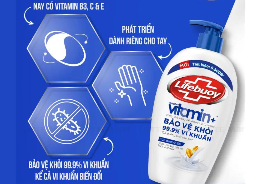 Nước rửa tay Lifebuoy Vitamin sữa dưỡng ẩm có công thức ion bạc để tiêu diệt vi khuẩn
