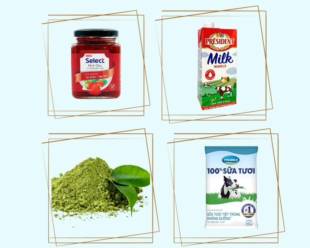 Mứt dâu, sữa tươi không đường, sữa tươi nguyên kem, mathcha...
