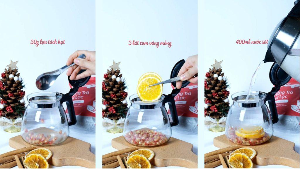 Cho lựu tươi tách hạt và cam vàng cắt lát mỏng vào bình trà
