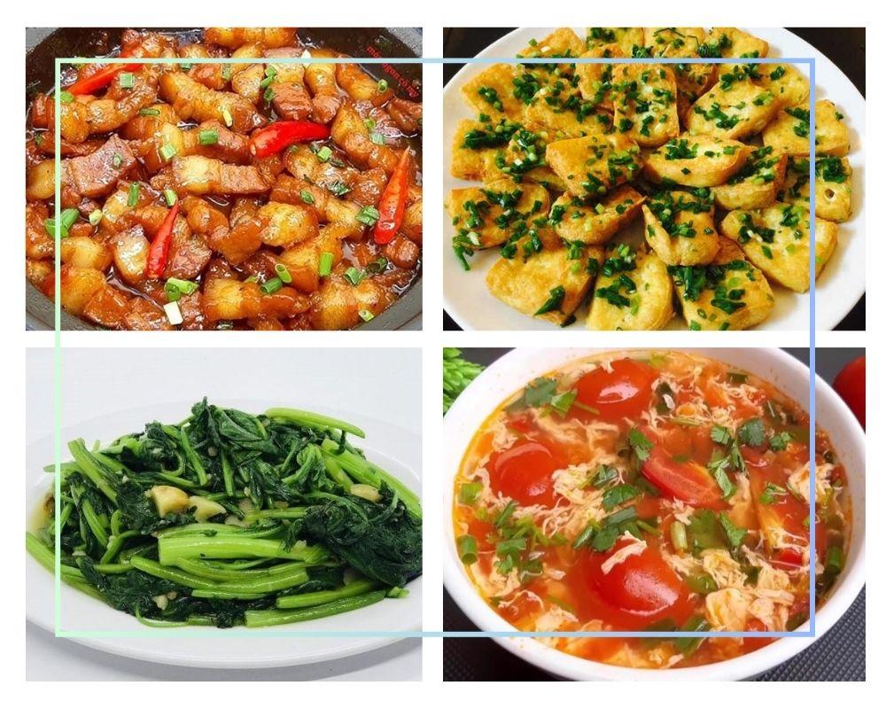 Đủ món: mặn, chiên, rau, canh