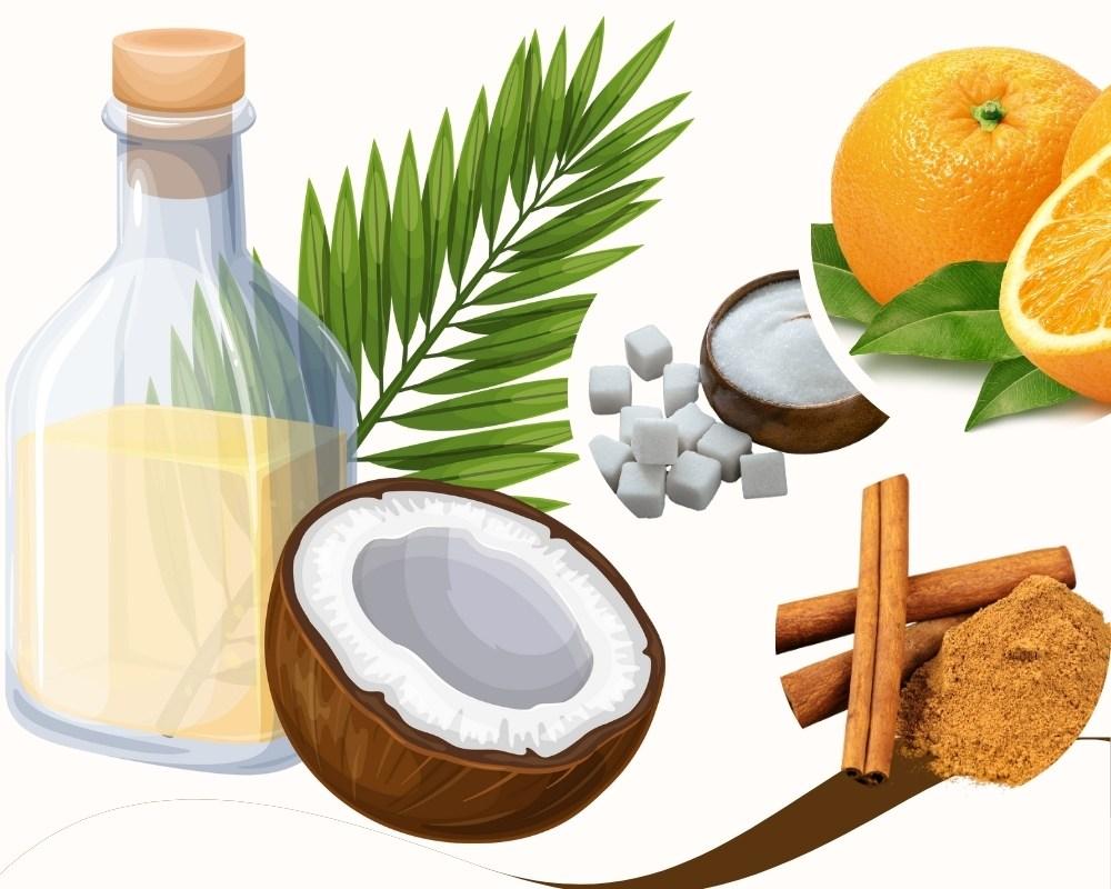 Dầu dừa, đường cát, cam, quế... là các nguyên liệu để làm tẩy tế bào chết