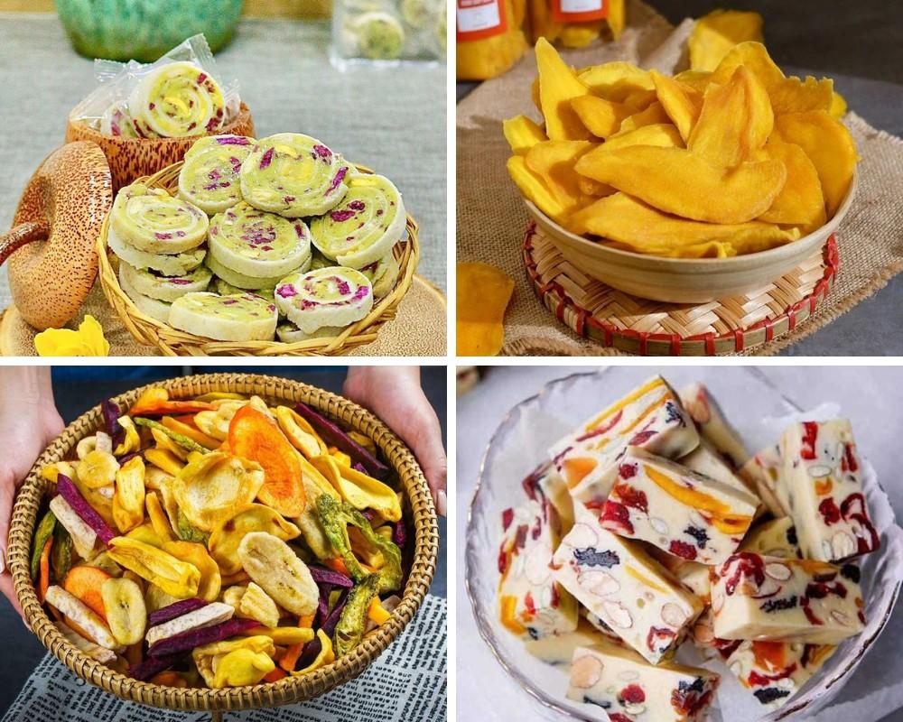 Bánh kẹo và trái cây sấy làm quà Tết cho gia đình và bạn bè
